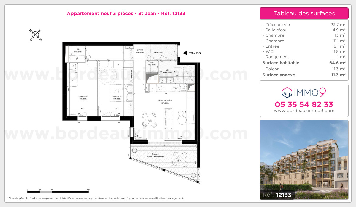 Plan et surfaces, Programme neuf Bordeaux : St Jean Référence n° 12133
