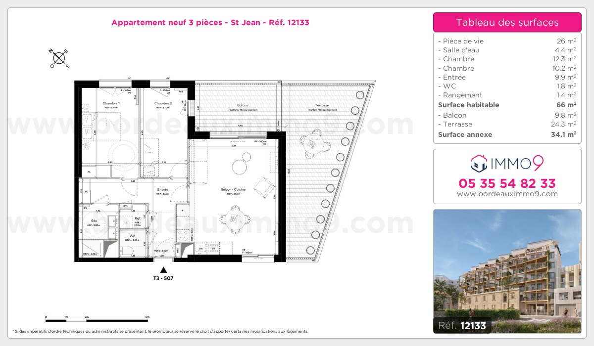 Plan et surfaces, Programme neuf Bordeaux : St Jean Référence n° 12133