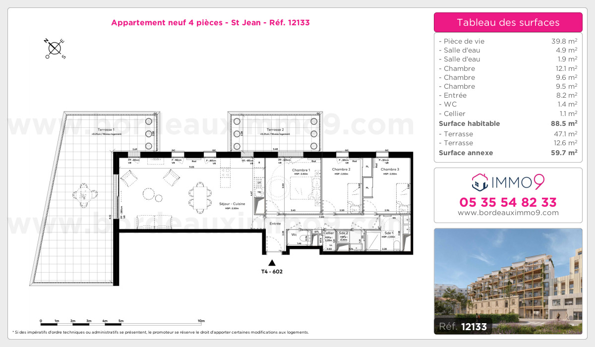 Plan et surfaces, Programme neuf Bordeaux : St Jean Référence n° 12133