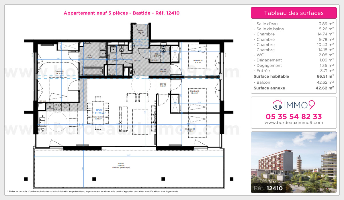 Plan et surfaces, Programme neuf Bordeaux : Bastide Référence n° 12410