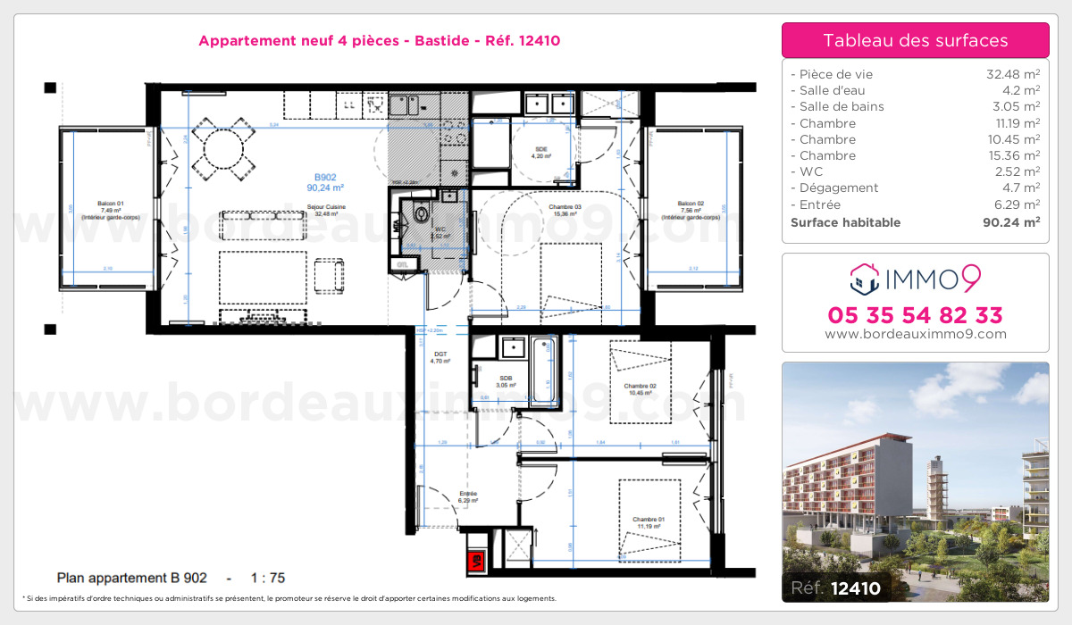 Plan et surfaces, Programme neuf Bordeaux : Bastide Référence n° 12410