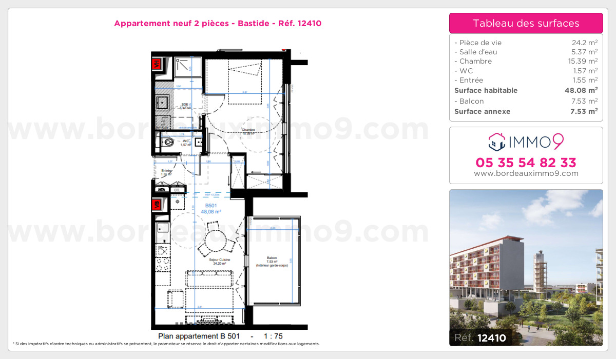 Plan et surfaces, Programme neuf Bordeaux : Bastide Référence n° 12410