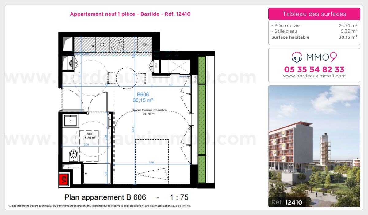 Plan et surfaces, Programme neuf Bordeaux : Bastide Référence n° 12410