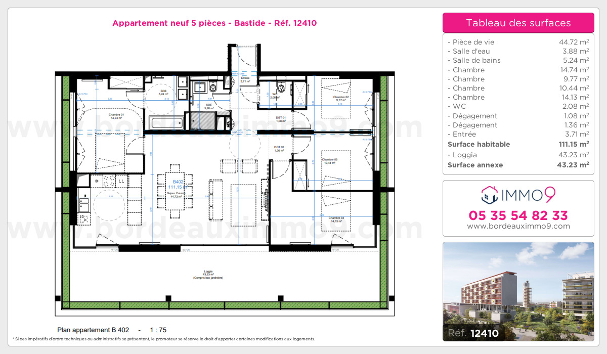 Plan et surfaces, Programme neuf Bordeaux : Bastide Référence n° 12410