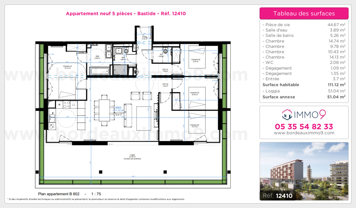 Plan et surfaces, Programme neuf Bordeaux : Bastide Référence n° 12410