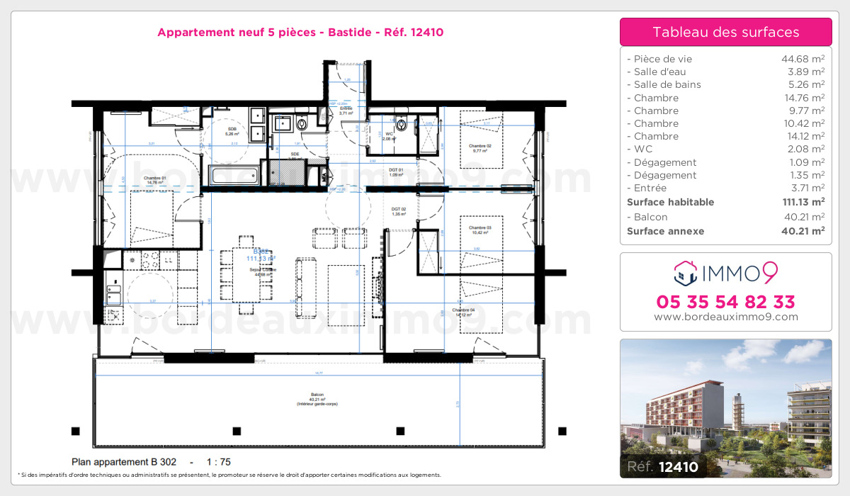 Plan et surfaces, Programme neuf Bordeaux : Bastide Référence n° 12410