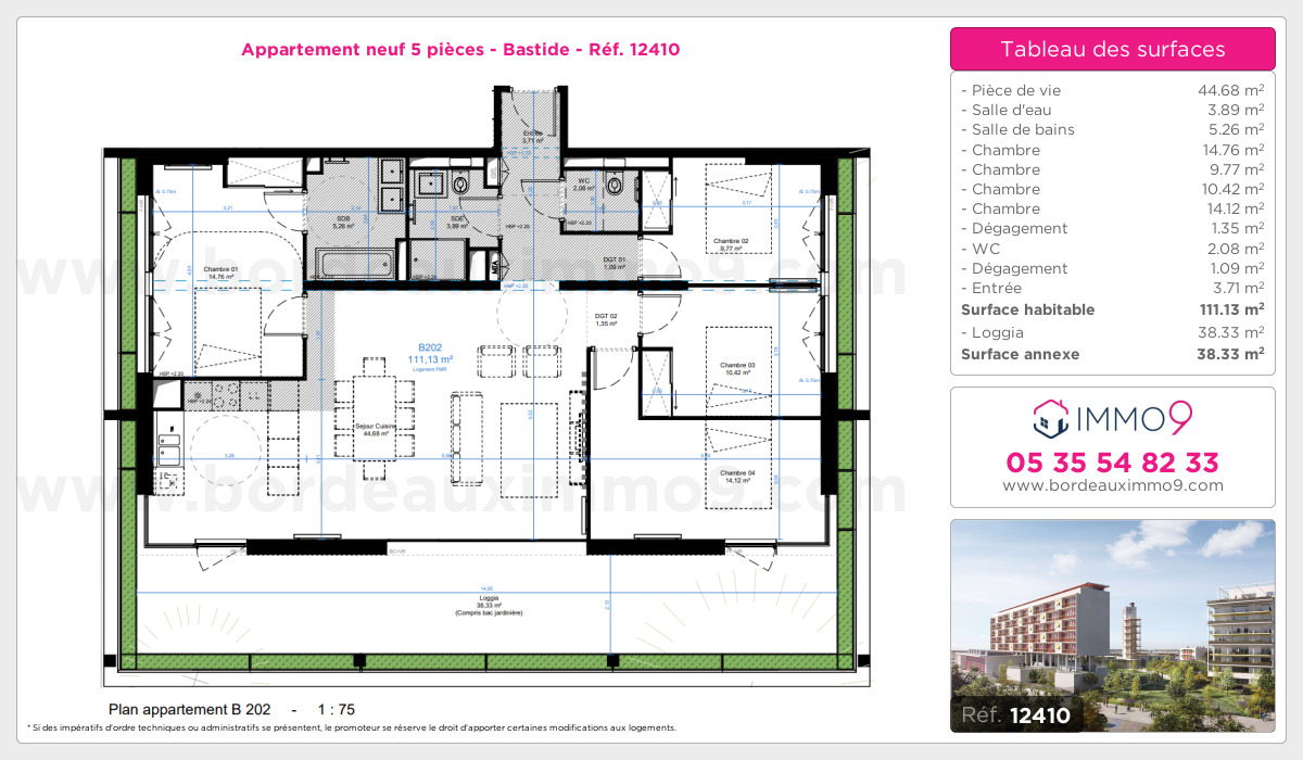 Plan et surfaces, Programme neuf Bordeaux : Bastide Référence n° 12410