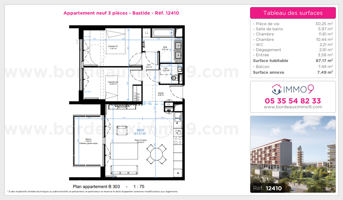 Plan et surfaces, Programme neuf Bordeaux : Bastide Référence n° 12410