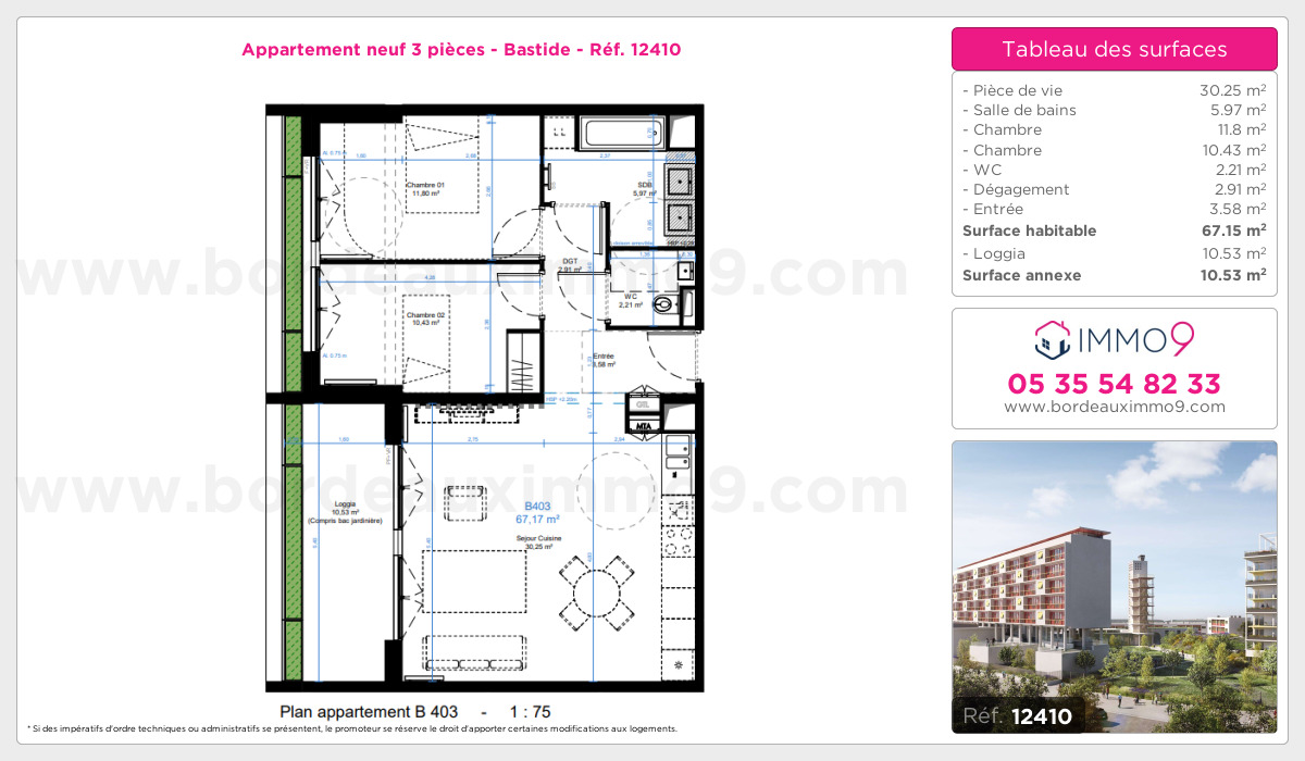 Plan et surfaces, Programme neuf Bordeaux : Bastide Référence n° 12410