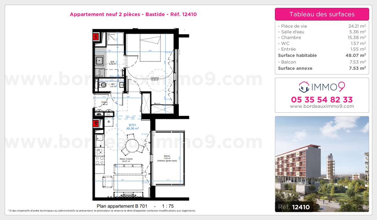 Plan et surfaces, Programme neuf Bordeaux : Bastide Référence n° 12410