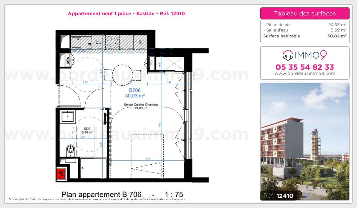 Plan et surfaces, Programme neuf Bordeaux : Bastide Référence n° 12410