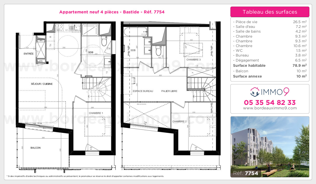 Plan et surfaces, Programme neuf Bordeaux : Bastide Référence n° 7754