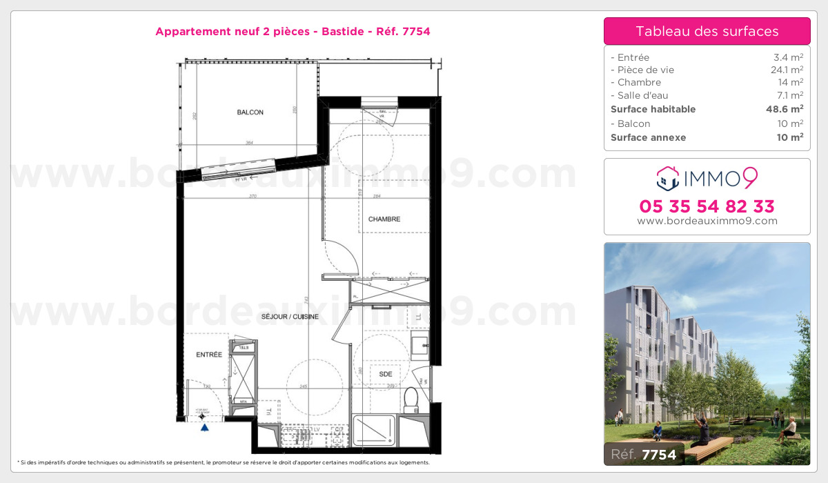 Plan et surfaces, Programme neuf Bordeaux : Bastide Référence n° 7754