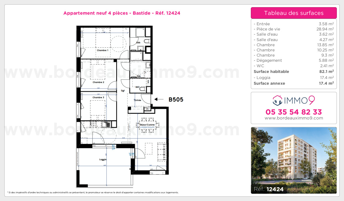 Plan et surfaces, Programme neuf Bordeaux : Bastide Référence n° 12424