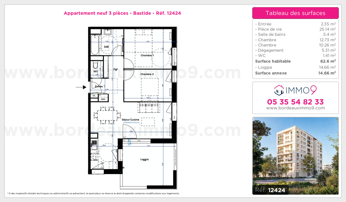 Plan et surfaces, Programme neuf Bordeaux : Bastide Référence n° 12424
