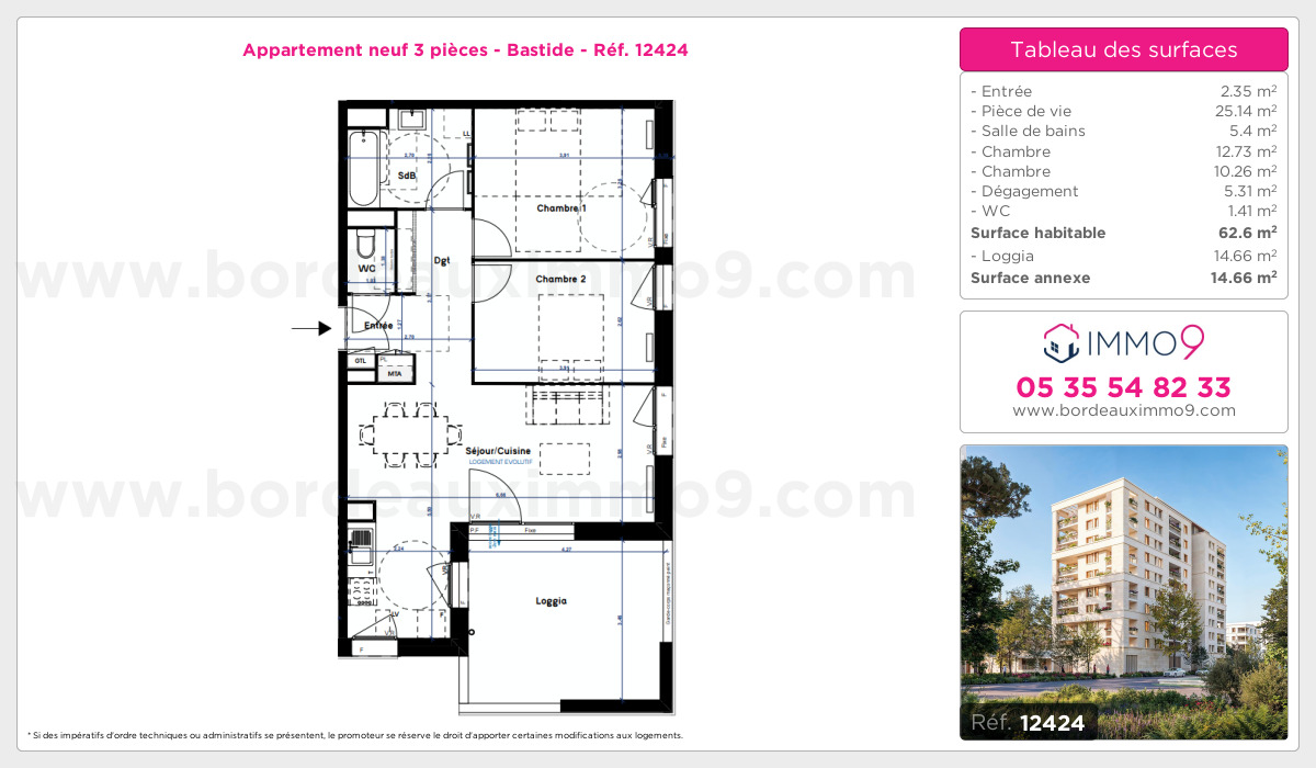 Plan et surfaces, Programme neuf Bordeaux : Bastide Référence n° 12424