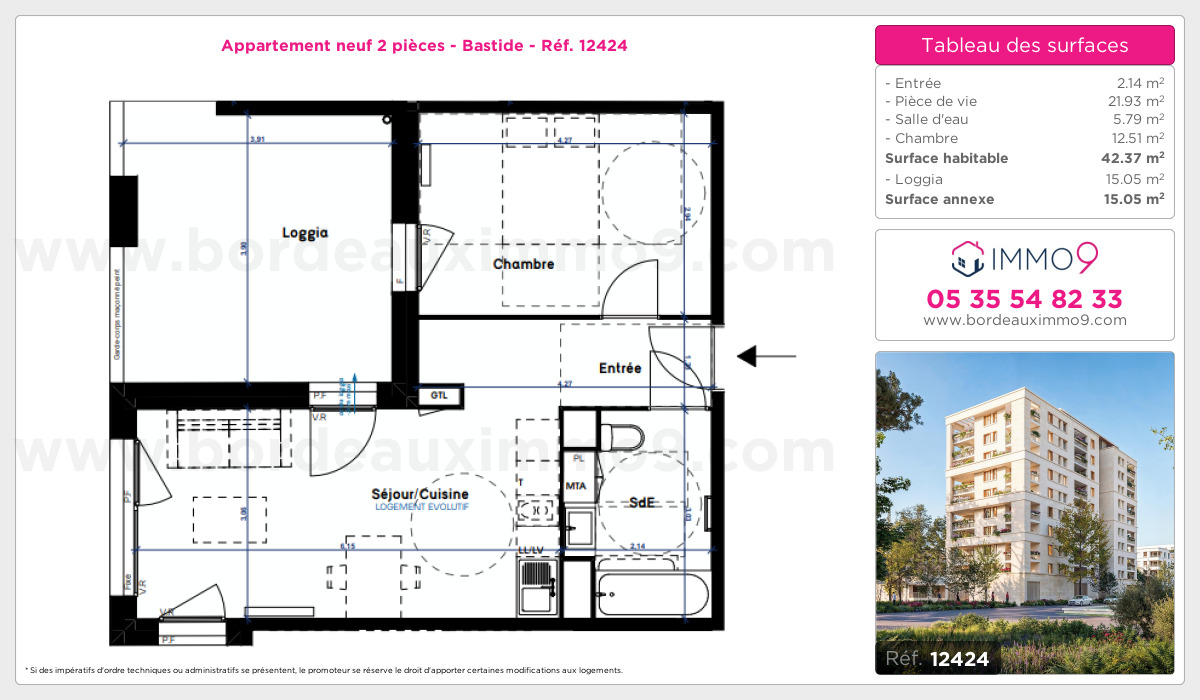 Plan et surfaces, Programme neuf Bordeaux : Bastide Référence n° 12424