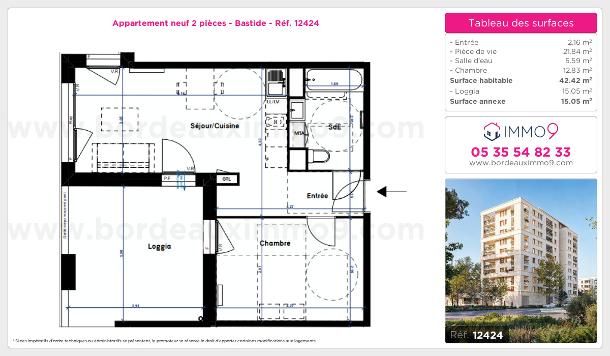 Plan et surfaces, Programme neuf Bordeaux : Bastide Référence n° 12424