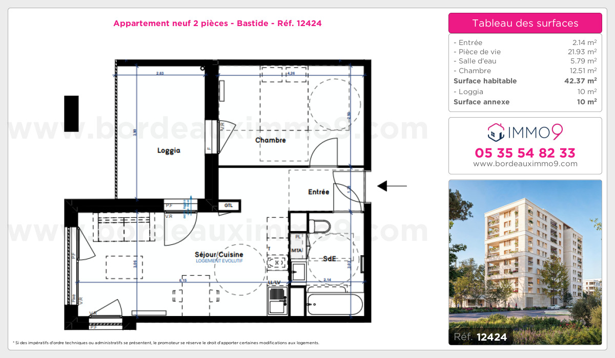 Plan et surfaces, Programme neuf Bordeaux : Bastide Référence n° 12424
