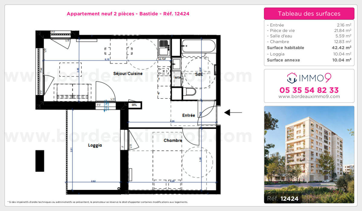 Plan et surfaces, Programme neuf Bordeaux : Bastide Référence n° 12424