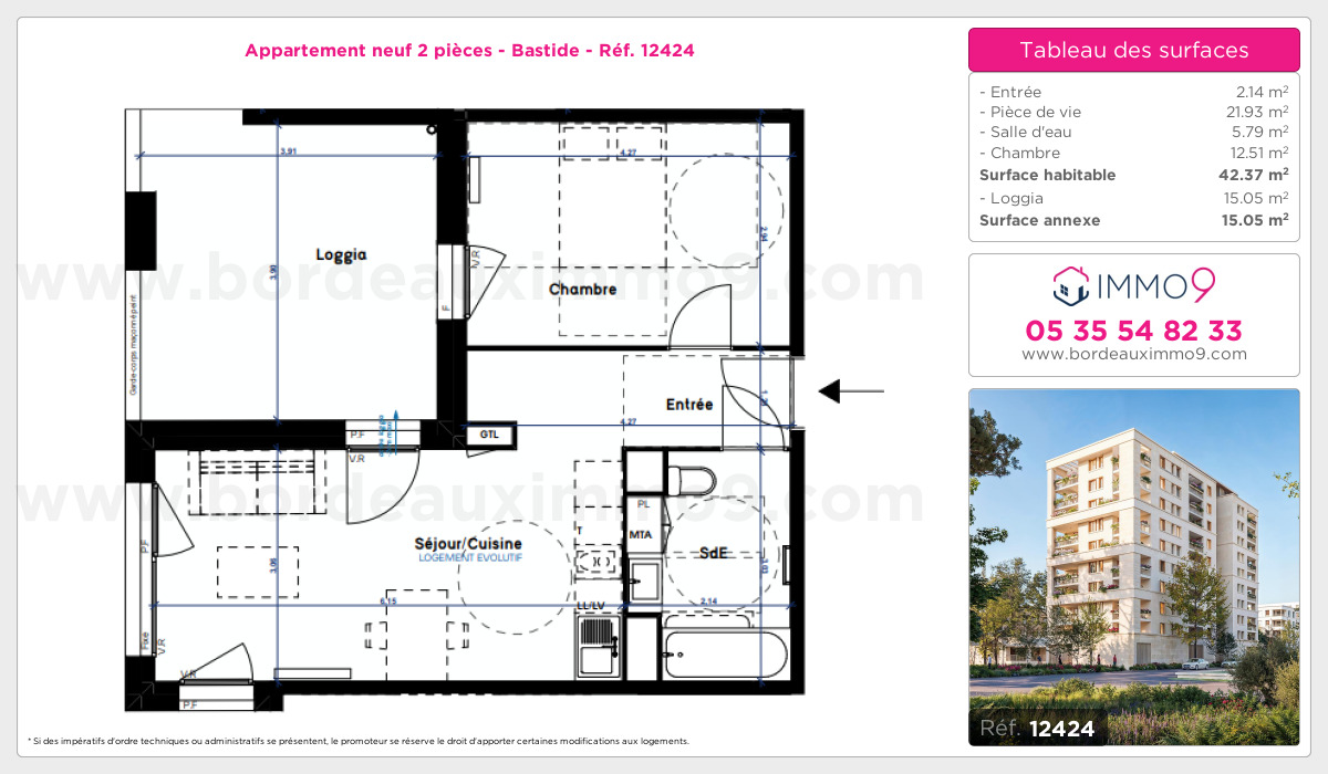 Plan et surfaces, Programme neuf Bordeaux : Bastide Référence n° 12424