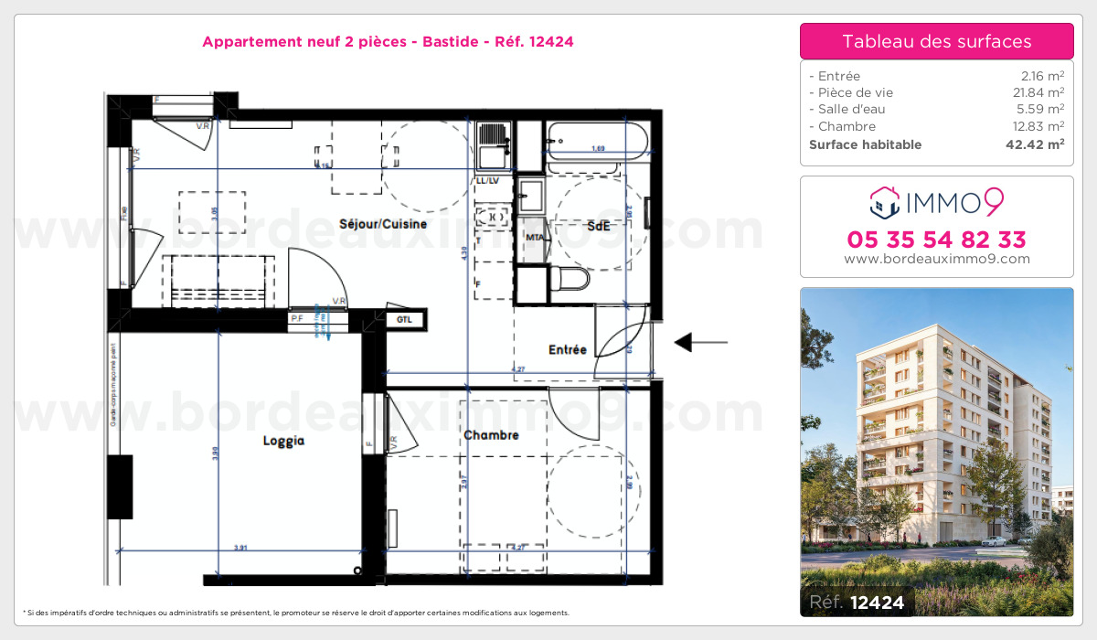 Plan et surfaces, Programme neuf Bordeaux : Bastide Référence n° 12424