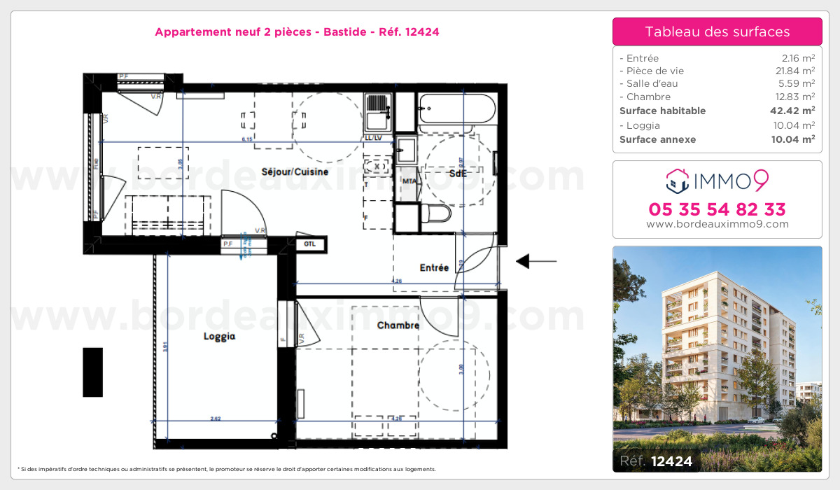 Plan et surfaces, Programme neuf Bordeaux : Bastide Référence n° 12424
