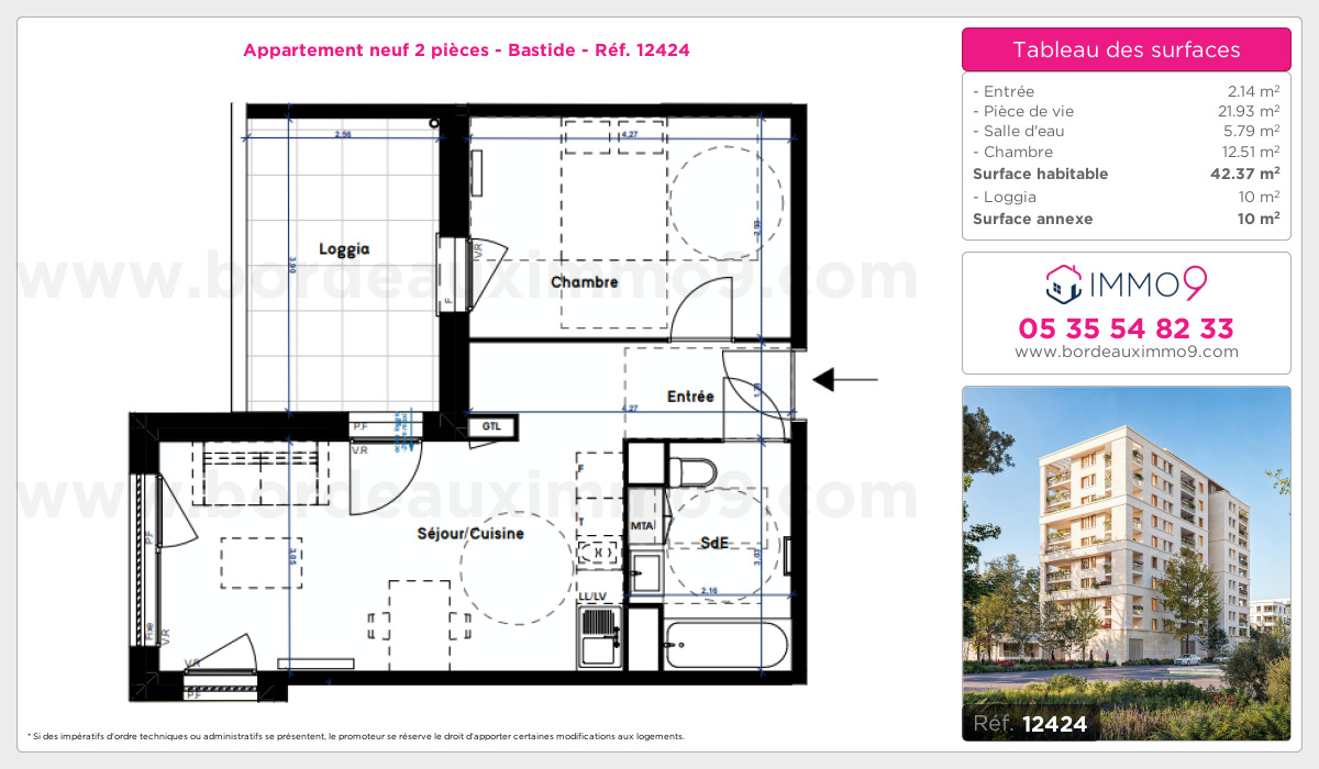 Plan et surfaces, Programme neuf Bordeaux : Bastide Référence n° 12424