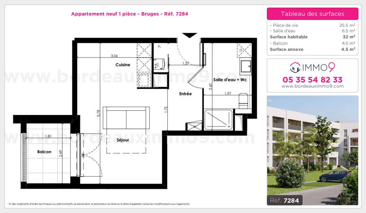 Plan et surfaces, Programme neuf Bruges Référence n° 7284