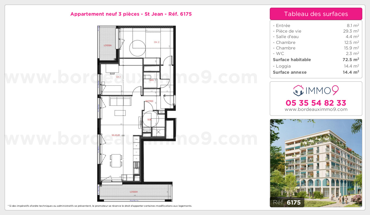 Plan et surfaces, Programme neuf Bordeaux : St Jean Référence n° 6175